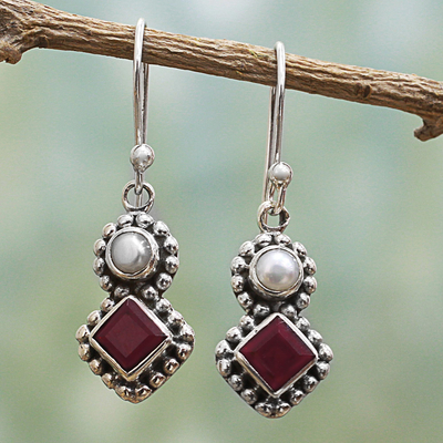 Cultured pearl and garnet dangle earrings, 'Kolkata Sparkle' - Garnet and Cultured Pearl Dangle Earrings in Silver 925