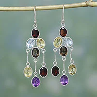 Multi-gemstone chandelier earrings, 'Wondrous Colors' - Handcrafted Multigemstone Indian Chandelier Earrings