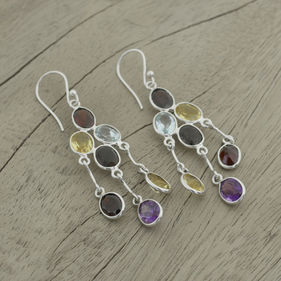Multi-gemstone chandelier earrings, 'Wondrous Colors' - Handcrafted Multigemstone Indian Chandelier Earrings
