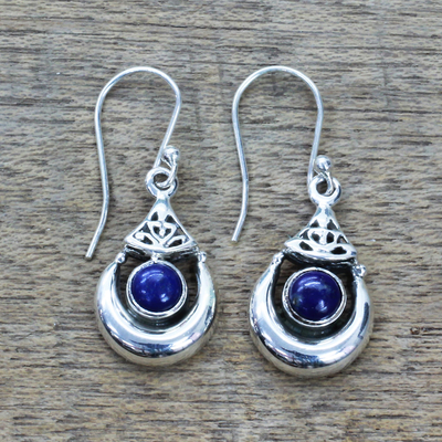 Lapis lazuli dangle earrings, 'Alluring Crescent' - Handmade Sterling Silver Lapis Lazuli Dangle Earrings India