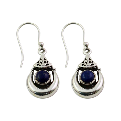 Lapis lazuli dangle earrings, 'Alluring Crescent' - Handmade Sterling Silver Lapis Lazuli Dangle Earrings India