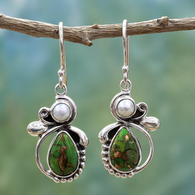 Cultured pearl dangle earrings, 'Mystical Green' - Green Turquoise and Cultured Pearl Dangle Earrings India