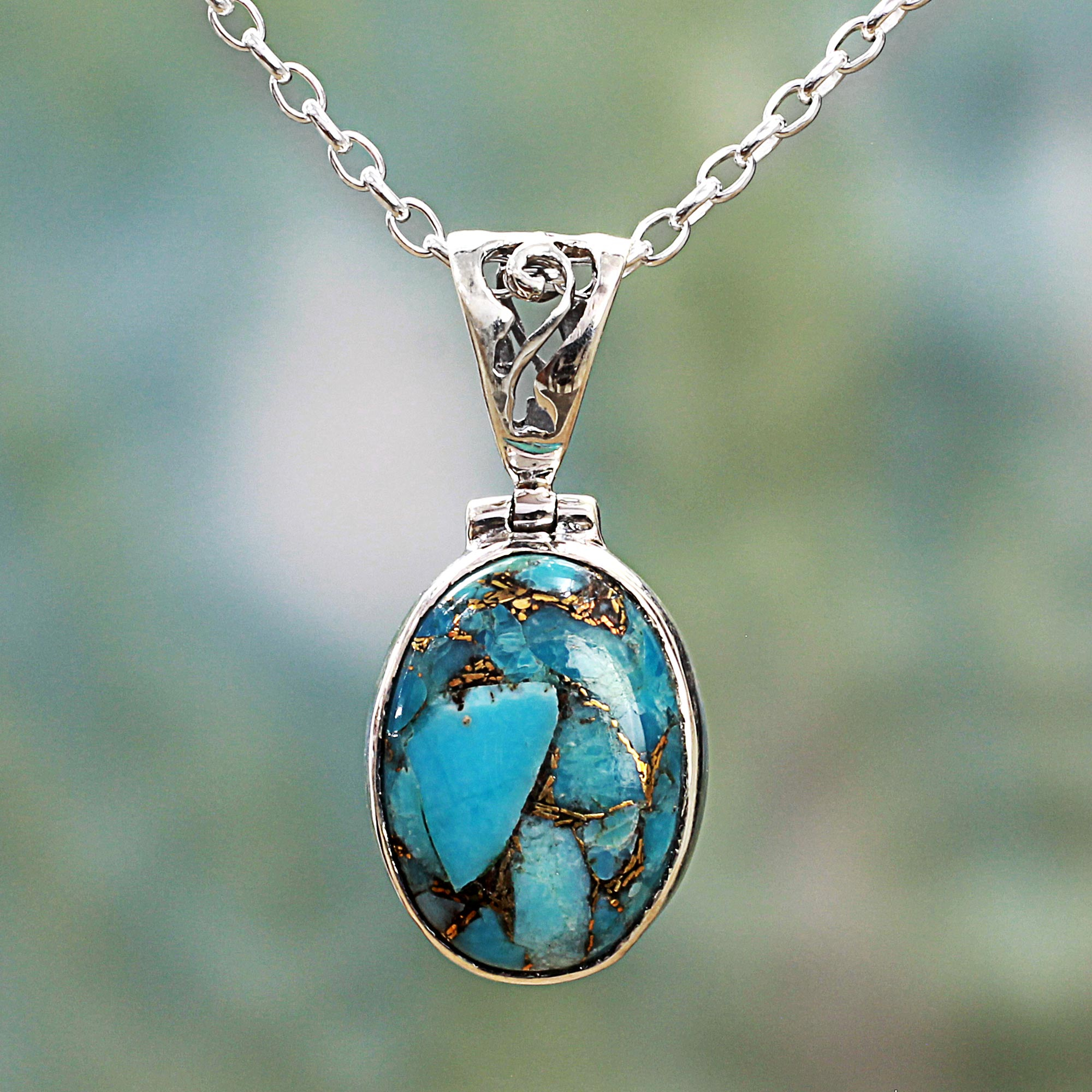 Blue Turquoise Sterling Silver Pendant Necklace India - Mystical Blue ...