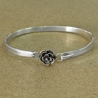Sterling silver bangle bracelet, 'Rose Beauty' - Hand Made Sterling Silver Rose Bracelet from India