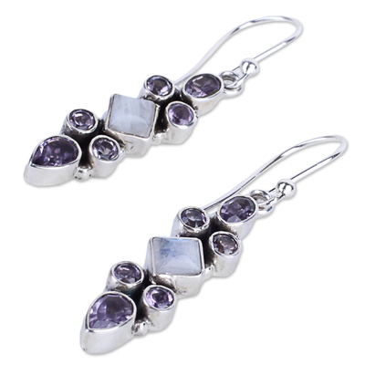 Rainbow moonstone and amethyst dangle earrings, 'Mesmerizing Shapes' - Sterling Silver Rainbow Moonstone Dangle Earrings from India