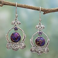 Amethyst dangle earrings, 'Exotic Swirls' - Purple Amethyst Sterling Silver Earrings Handcrafted India