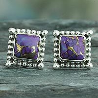 Sterling silver stud earrings, 'Magical Purple' - Composite Purple Turquoise Earrings Handmade in India