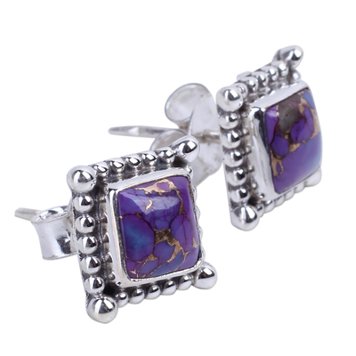 Sterling silver stud earrings, 'Magical Purple' - Composite Purple Turquoise Earrings Handmade in India