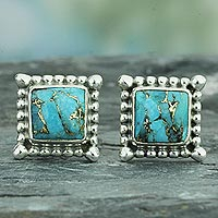 Sterling silver stud earrings, 'Magical Blue' - Composite Turquoise Stud Earrings Handmade in India