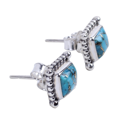 Sterling silver stud earrings, 'Magical Blue' - Composite Turquoise Stud Earrings Handmade in India