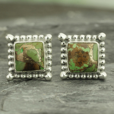 Sterling silver stud earrings, 'Magical Green' - Composite Green Turquoise Stud Earrings Handmade in India