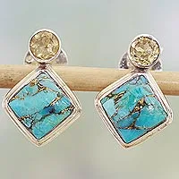 Pendientes colgantes de citrino, 'Turquoise Sparkle' - Pendientes de citrino indio con turquesa azul compuesta