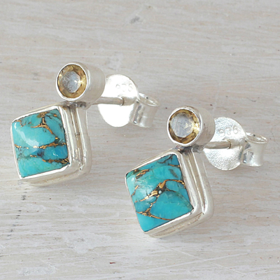 Citrine drop earrings, 'Turquoise Sparkle' - Indian Citrine Earrings with Composite Blue Turquoise