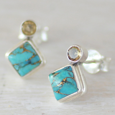 Citrine drop earrings, 'Turquoise Sparkle' - Indian Citrine Earrings with Composite Blue Turquoise