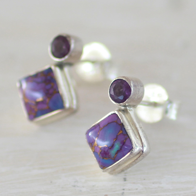 Amethyst drop earrings, 'Purple Sparkle' - Indian Amethyst Earrings with Composite Purple Turquoise