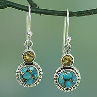 Citrine dangle earrings, 'Earth and Sun' - Citrine and Composite Turquoise Sterling Silver Earrings