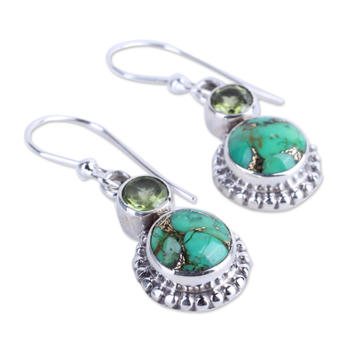 Peridot dangle earrings, 'Forest Floor' - Peridot, Composite Turquoise, and Sterling Silver Earring