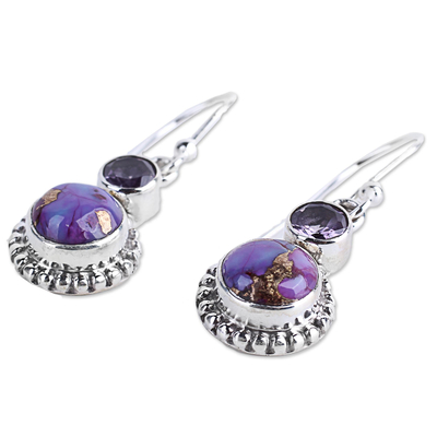 Amethyst dangle earrings, 'Purple Glamour' - Amethyst and Composite Turquoise Sterling Silver Earrings
