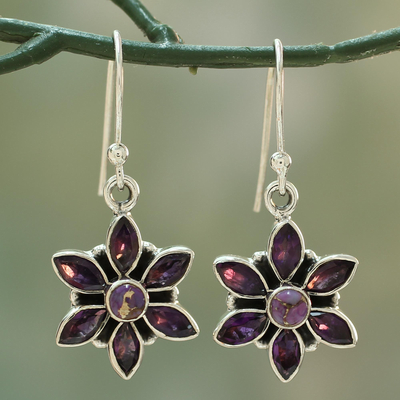 Amethyst dangle earrings, 'Dew-Kissed Violets' - Amethyst Flower Shaped Sterling Silver Dangle Earrings