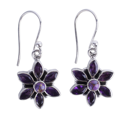 Amethyst dangle earrings, 'Dew-Kissed Violets' - Amethyst Flower Shaped Sterling Silver Dangle Earrings