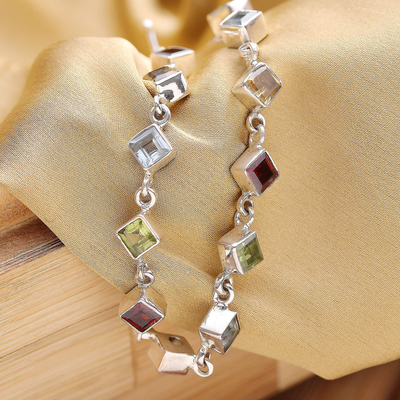 Multi-gemstone link bracelet, 'Delicate Gaze' - Handcrafted Multigemstone and Sterling Silver Link Bracelet