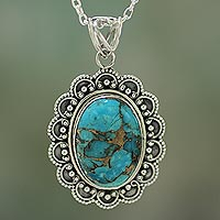 Sterling silver pendant necklace, 'Royal Halo' - Composite Turquoise Pendant Necklace Handcrafted in India