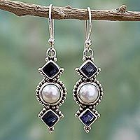 Cultured pearl and iolite dangle earrings, 'Lunar Allure' - Iolite and Cultured Pearl Sterling Silver Dangle Earrings