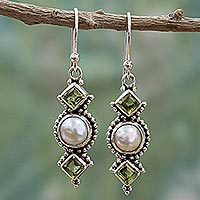 Cultured pearl and peridot dangle earrings, Vernal Allure