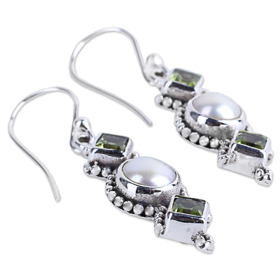 Cultured pearl and peridot dangle earrings, 'Vernal Allure' - Peridot and Cultured Pearl Dangle Sterling Silver Earrings