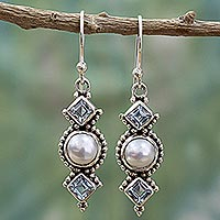 Cultured pearl and blue topaz dangle earrings, 'Marine Allure'