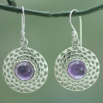 Amethyst dangle earrings, 'Violet Jali Disc' - Sterling Silver Amethyst Dangle Earrings from India