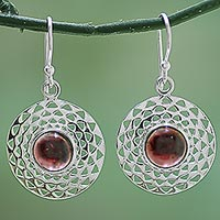 Garnet dangle earrings, 'Crimson Jali Disc' - Hand Made Sterling Silver Garnet Dangle Earrings from India