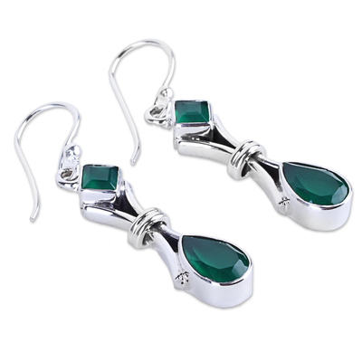 Green onyx earrings, 'Magical Moss' - 2.5 Carat Green Onyx and Sterling Silver Earrings from India