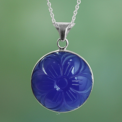 Blue onyx pendant necklace, 'Floral Grandeur' - Blue Onyx and Sterling Silver Necklace from India
