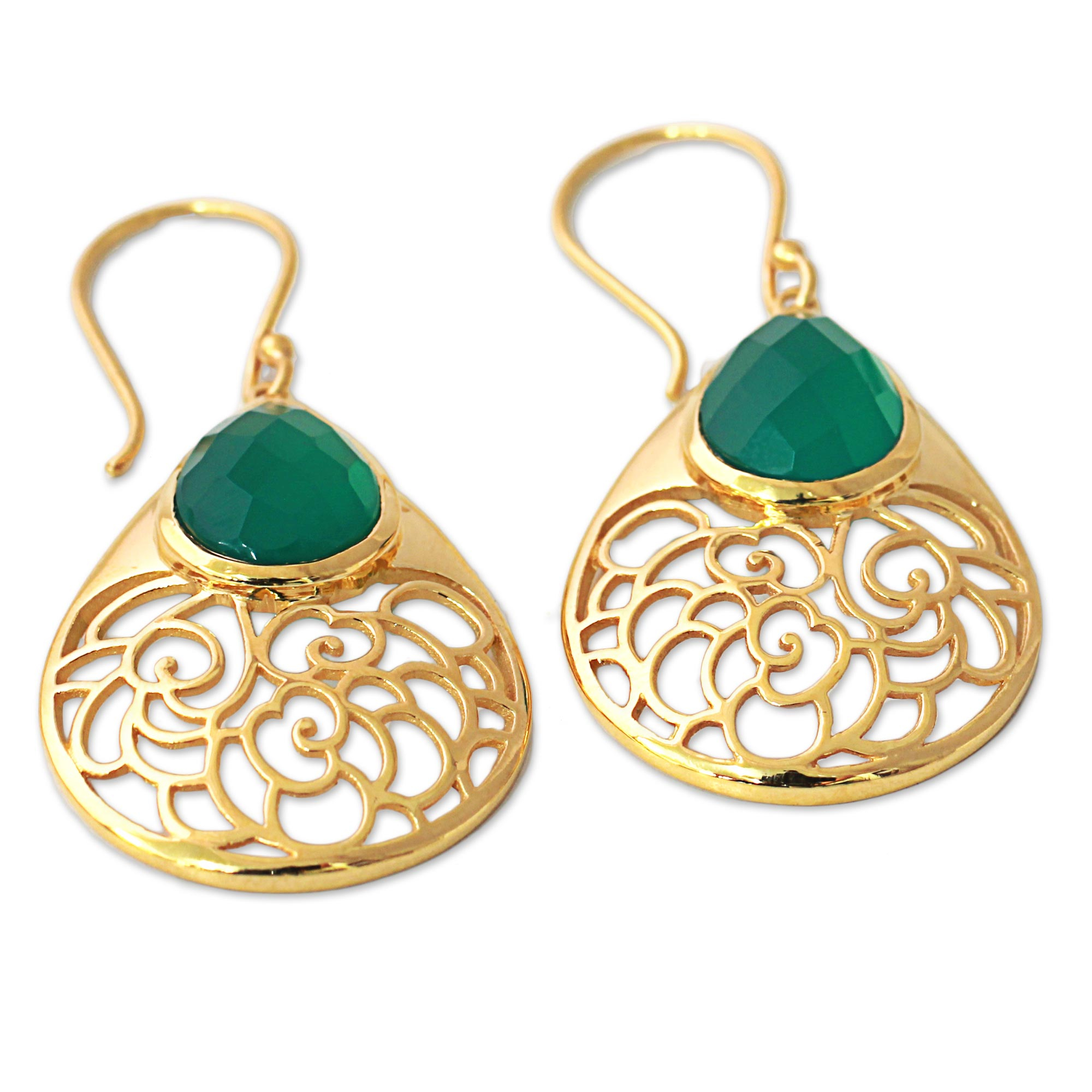 Gold Plated Silver Green Onyx Dangle Earrings India - Golden Vines in ...
