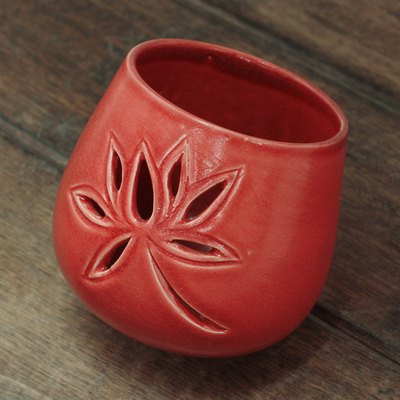 Ceramic tealight holder, 'Padma Chaya' - Hand-Made Ceramic Tealight Holder with Lotus Flower Design