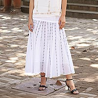 White 100% Cotton Skirt with Embroidered Grey Floral Pattern,'Floral Stripes'