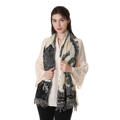 Wool blend shawl, 'Evening Garden' - Onyx and Alabaster Floral Woven Jamawar-Inspired Shawl