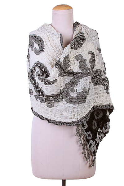 Wool blend shawl, 'Evening Garden' - Onyx and Alabaster Floral Woven Jamawar-Inspired Shawl