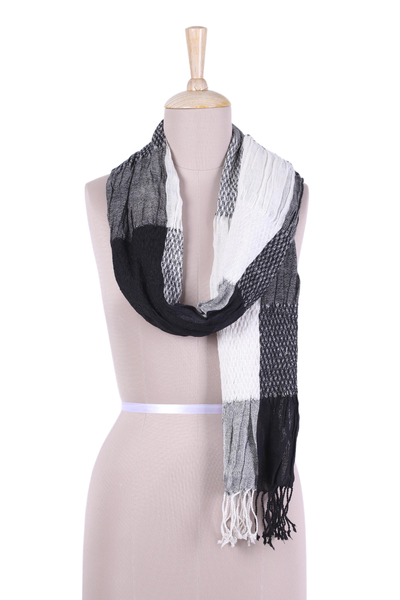 Wool blend scarf, 'Naturally Sophisticated' - Wool and Viscose Blend Scarf in Black and Natural from India
