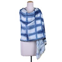 Cotton and silk blend shawl, 'Indigo Lattice' - Handcrafted Shibori-Dyed Indigo Blue Shawl in Cotton & Silk