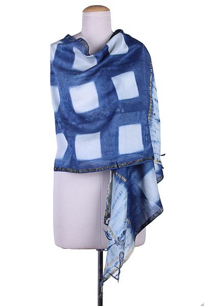 Cotton and silk blend shawl, 'Blue Windowpanes' - India Shibori-Dyed Cotton-Silk Blend Indigo Blue Shawl