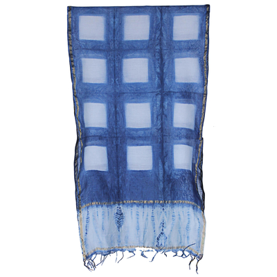 Cotton and silk blend shawl, 'Blue Windowpanes' - India Shibori-Dyed Cotton-Silk Blend Indigo Blue Shawl