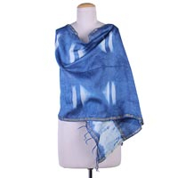 Cotton and silk blend shawl, 'Indigo Symmetry' - Blue Cotton Blend Artisan Crafted Shibori-Dyed Shawl