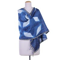 Cotton and silk blend shawl, 'Indigo Pinwheels' - Artisan Crafted Cotton Blend Shibori-Dyed Shawl from India
