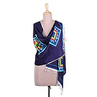 Silk shawl, 'Festival of Bengal' - Bengal Multi-Colored Geometric Silk Shawl with Fringe