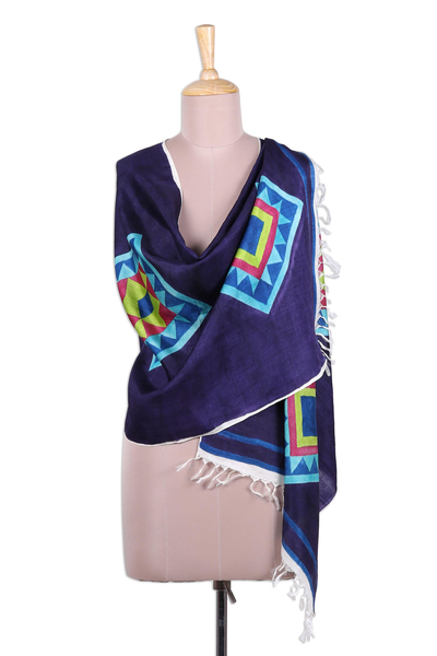 Silk shawl, 'Festival of Bengal' - Bengal Multi-Colored Geometric Silk Shawl with Fringe