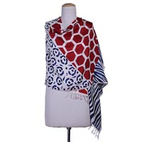 Hand painted silk shawl, 'Safari in Red and Blue' - Hand Woven 100% Silk Shawl with Leopard Motifs from India