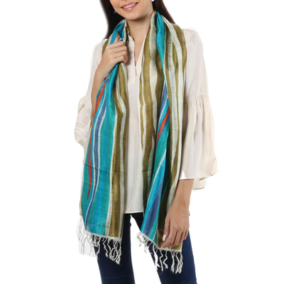 Hand painted silk shawl, 'Dhau in Blue' - Modern Bishnupur Handwoven Silk Print Shawl from Bengal