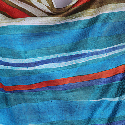 Hand painted silk shawl, 'Dhau in Blue' - Modern Bishnupur Handwoven Silk Print Shawl from Bengal